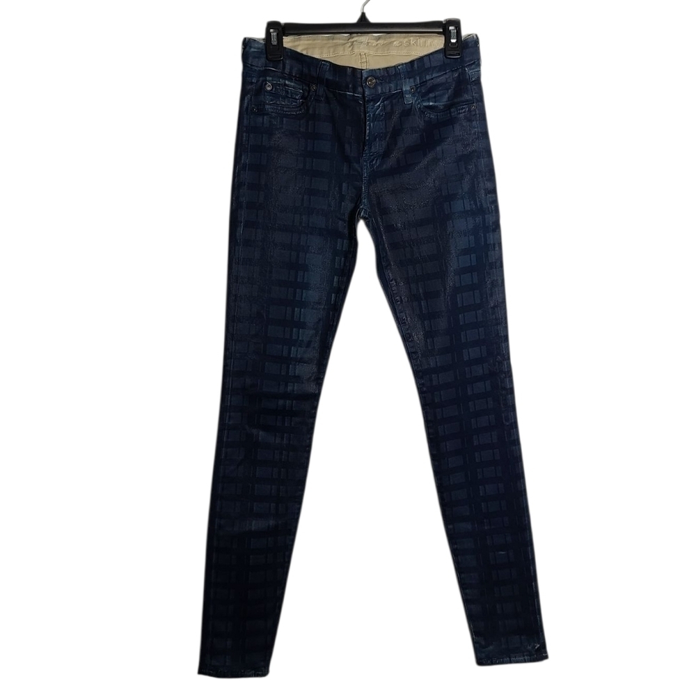 7 FOR ALL MANKIND The Skinny Wax Coated Blue Jeans With Plaid Pattern Size 29